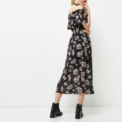 Black floral print bardot layer midi dress